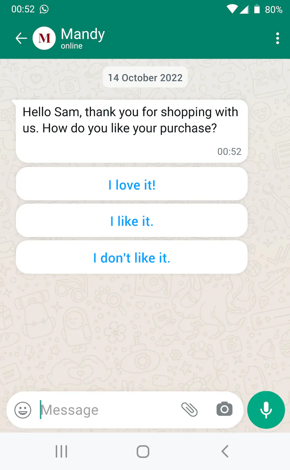 Interactive WhatsApp message for collecting customer feedback.