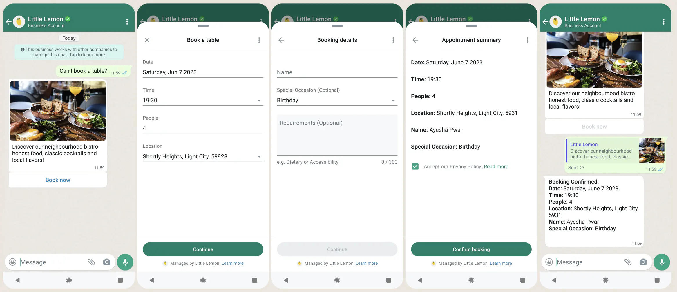 Example of WhatSapp Flows used by a restaurant leting customers book a table.