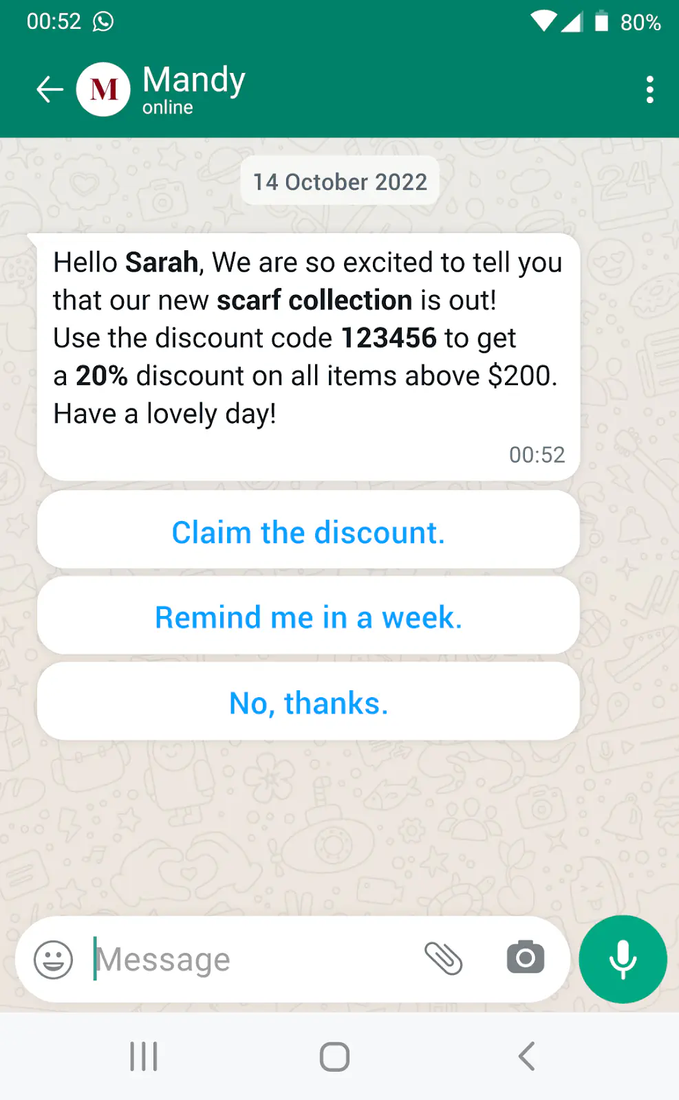 Interactive WhatsApp message with a discount code