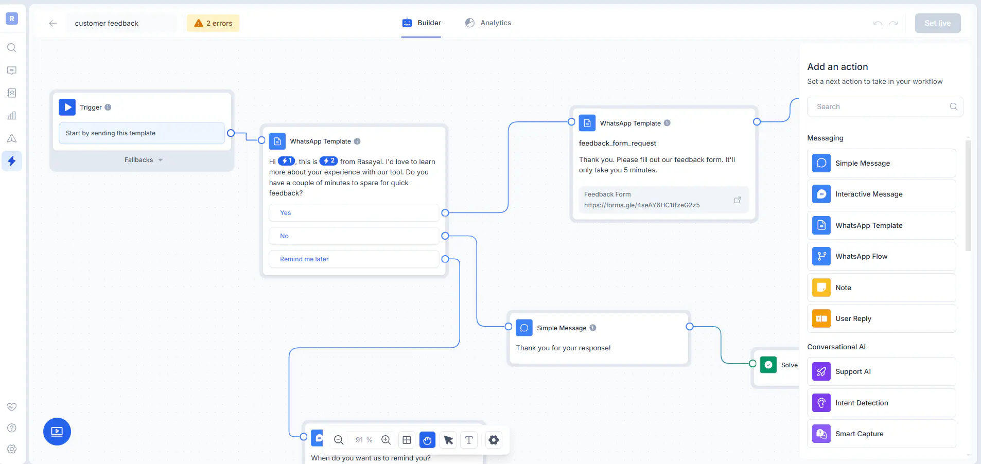 Rasayel’s chatbot builder.