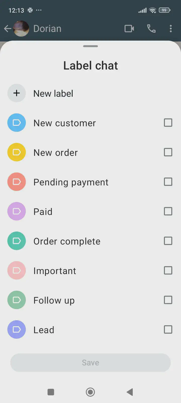 Labels on WhatsApp Business app.