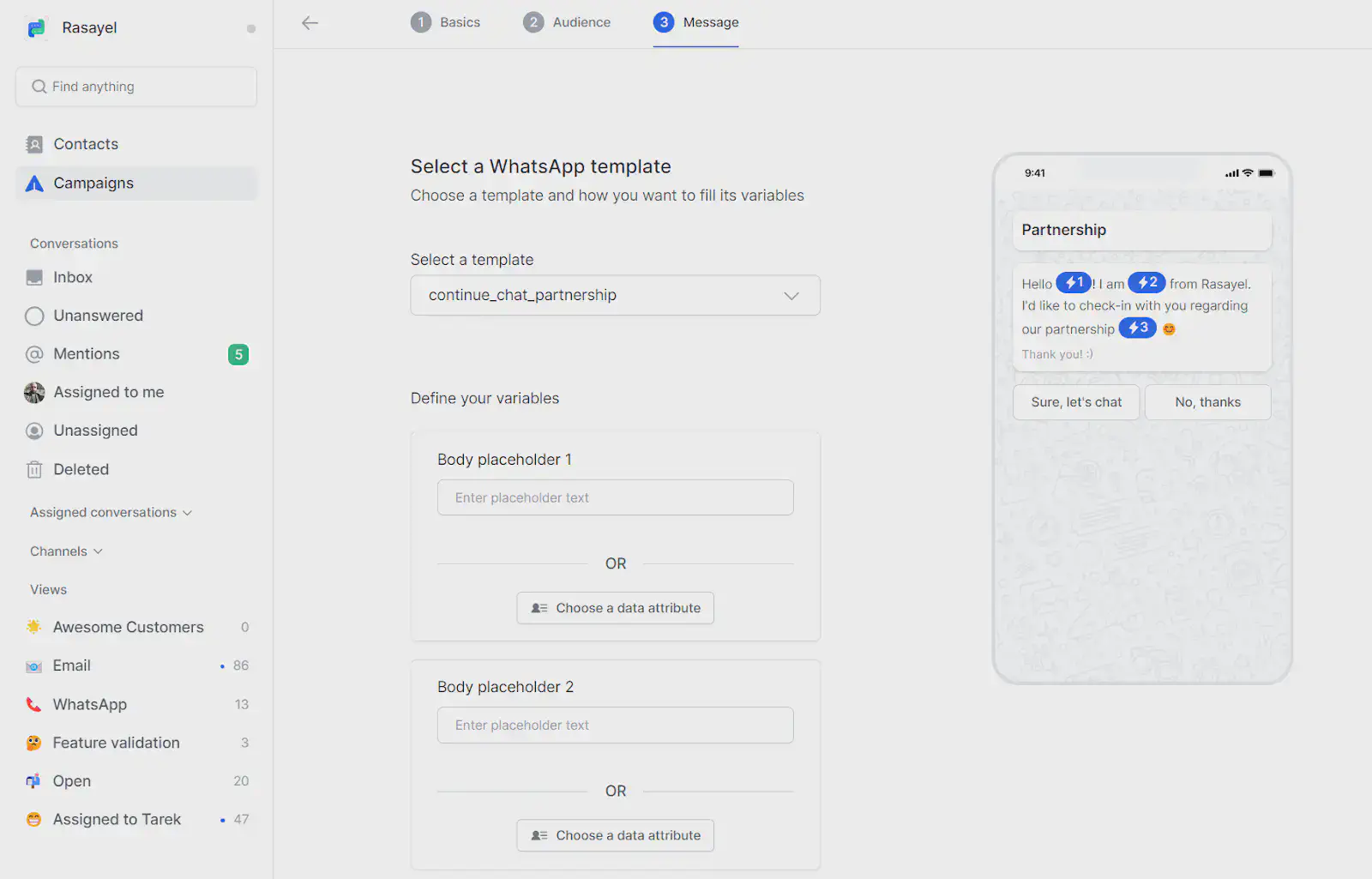 Creating a WhatsApp Broadcast campaign on Rasayel.