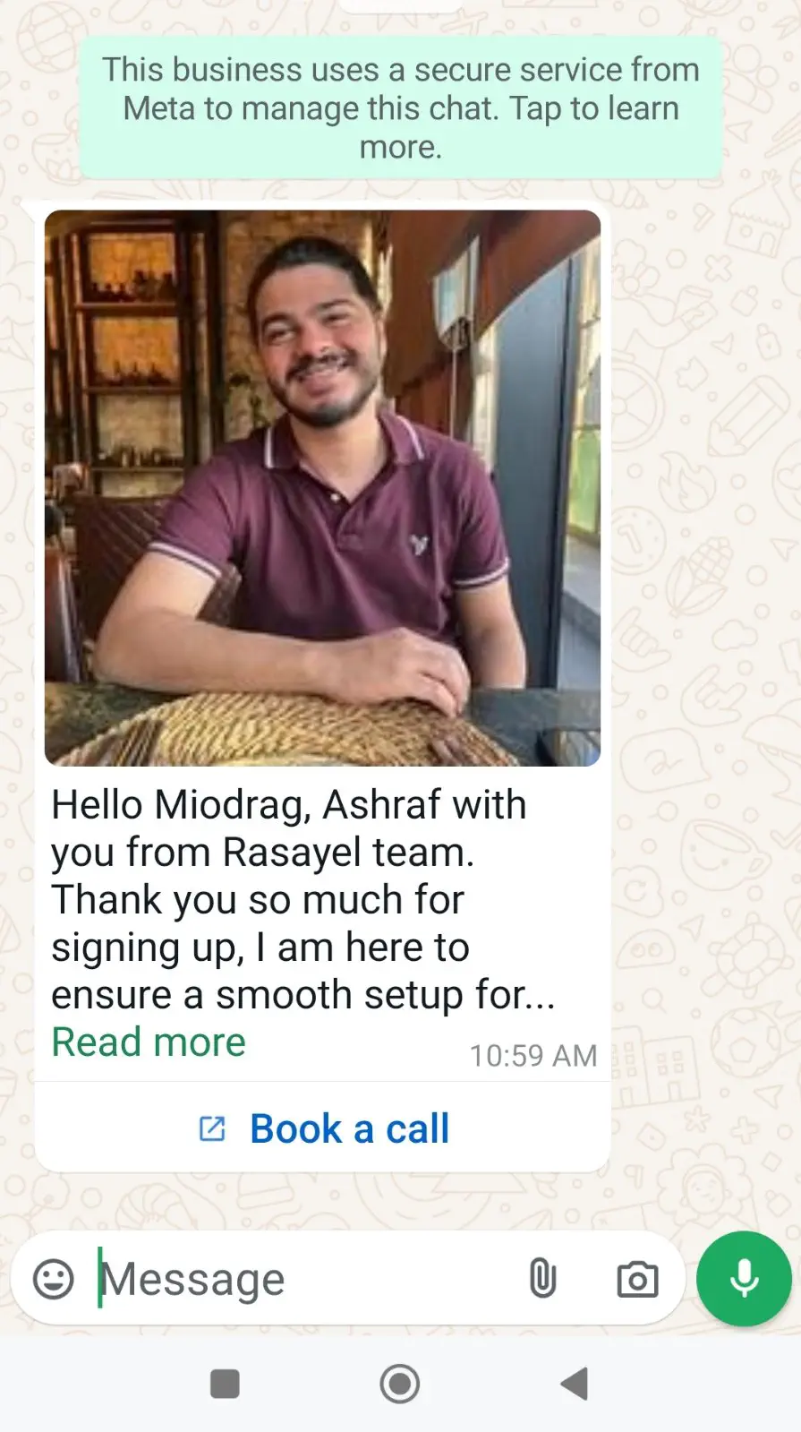 Personalized message template sent in a WhatsApp conversation with a customer.