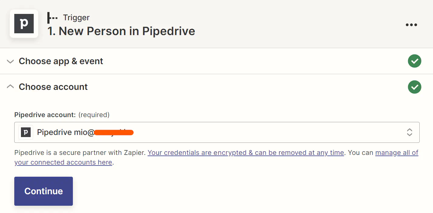 Choose the account to integrate Pipedrive with Rasayel