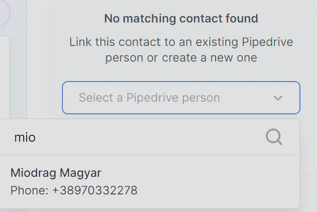 Manual Contact Linking in Rasayel and Pipedrive.