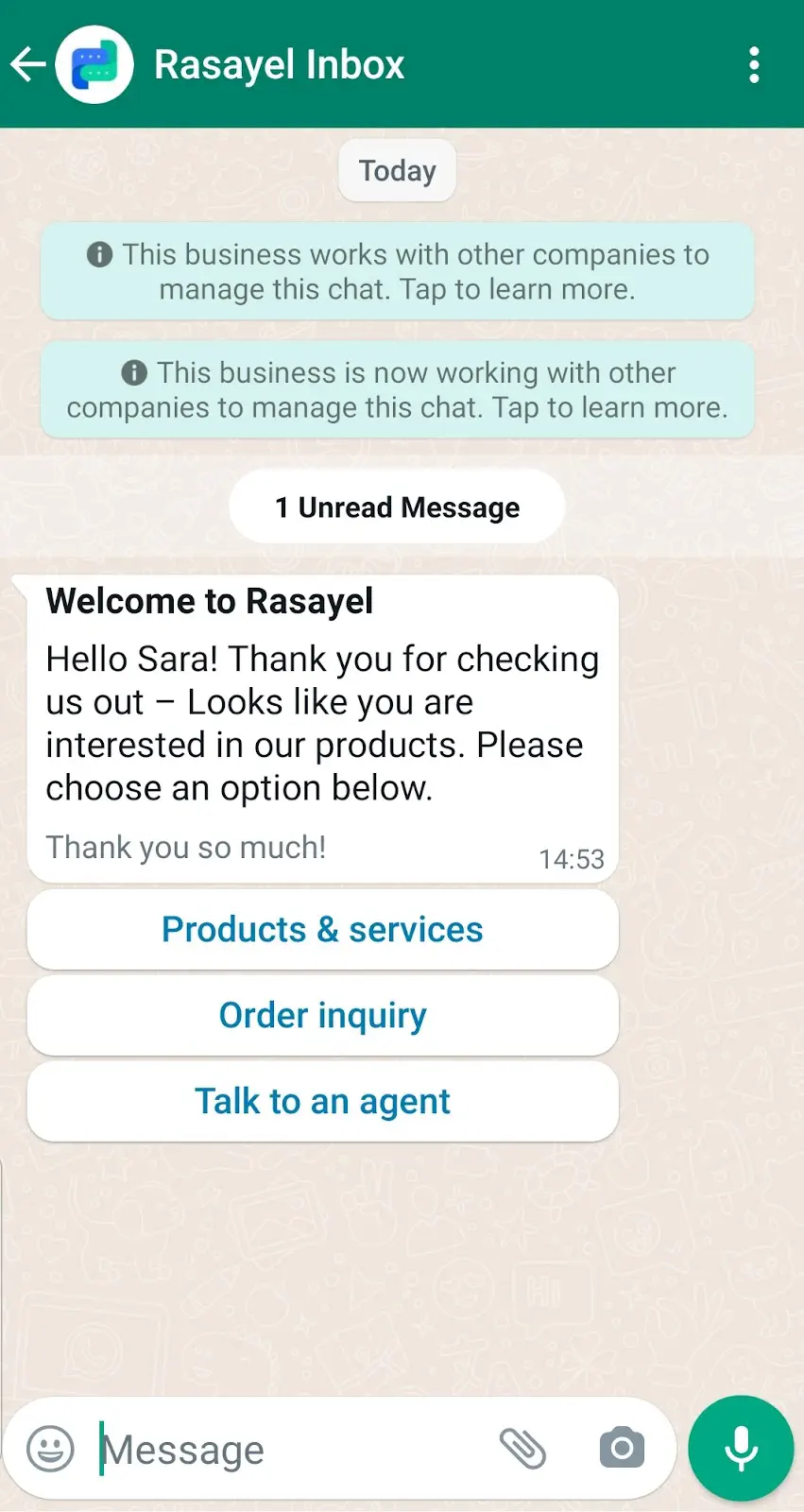 Interactive WhatsApp template used to re-engage a customer that abandoned their shopping cart.