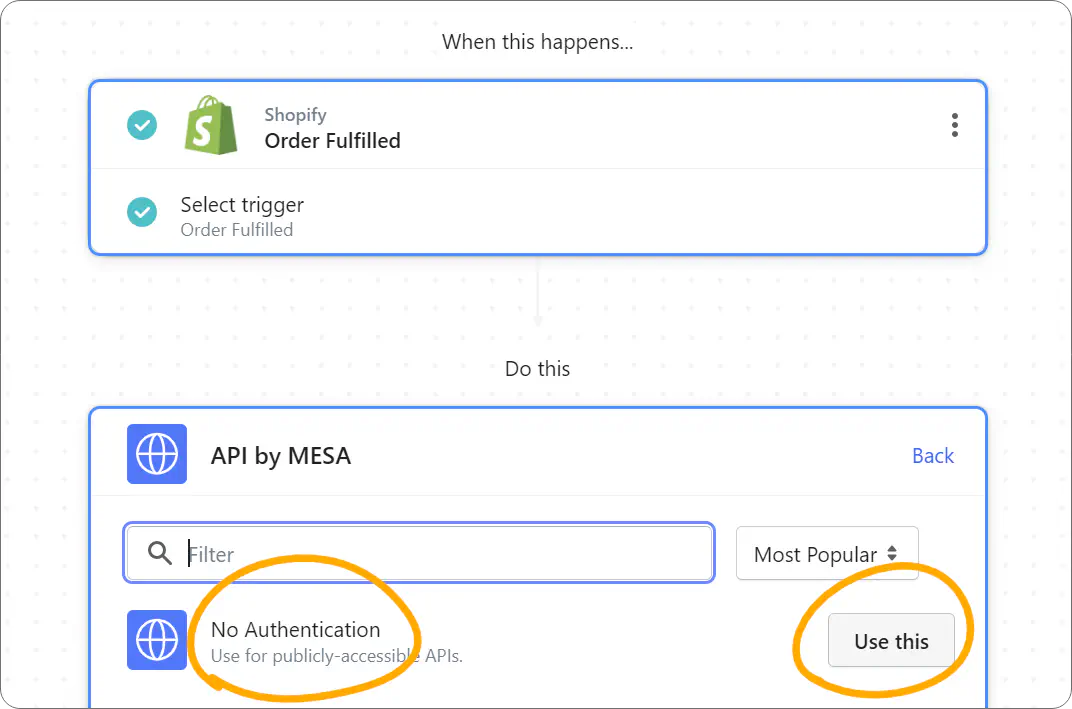 Selecting No Authication as the authication method in Shopify workflow.