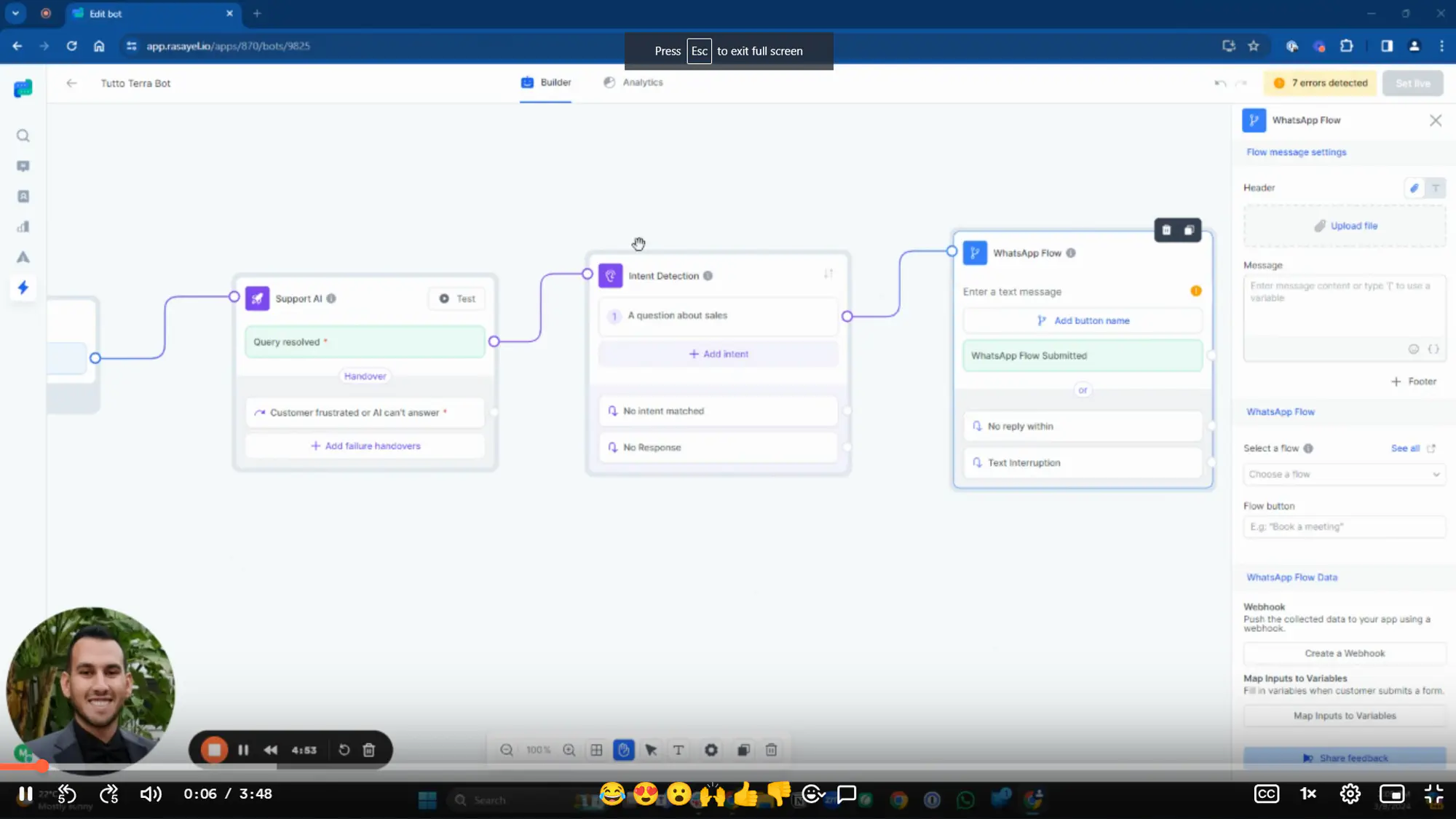 A screenshot from a video showing a tailor-made chatbot flow.