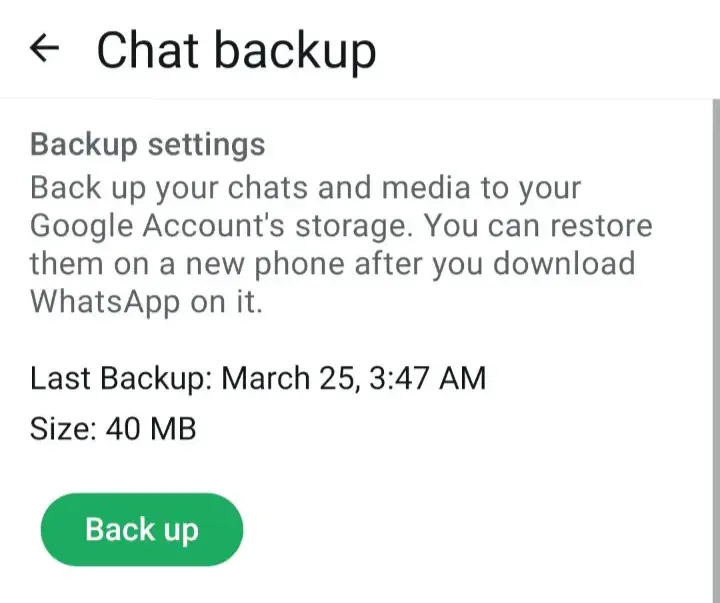 Chat backup option on the WhatsApp Business app.