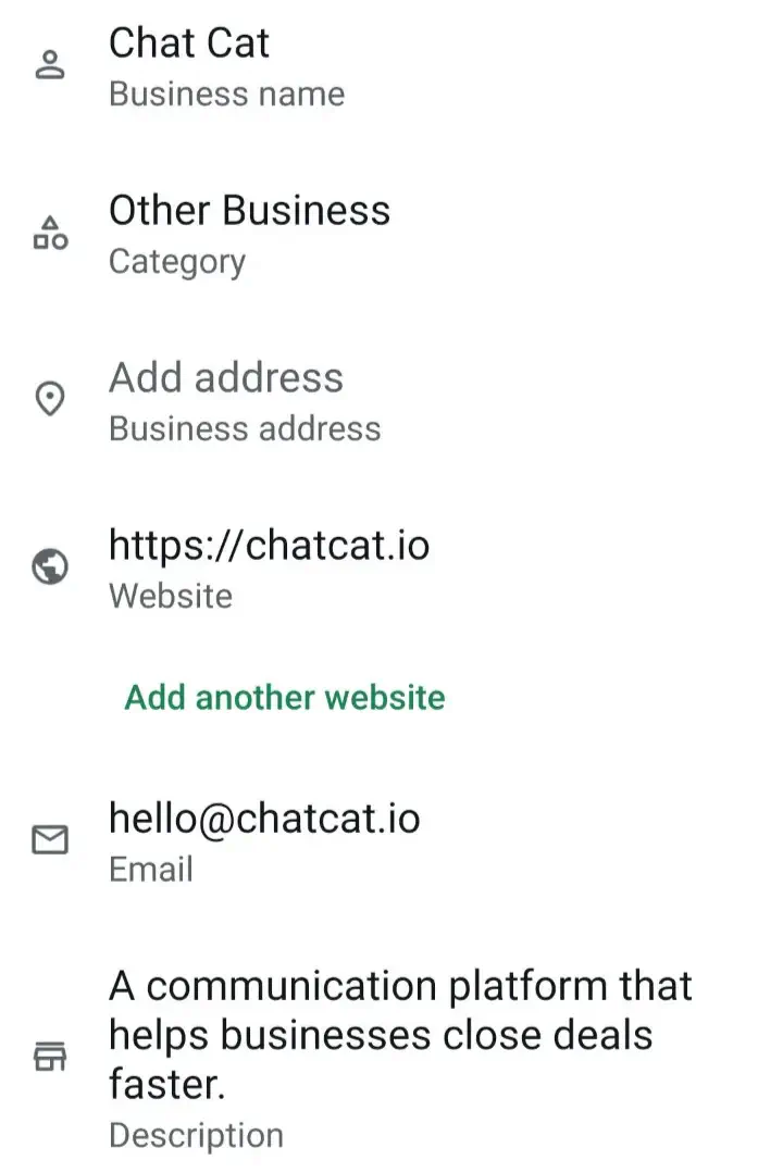 WhatsApp business profile details.