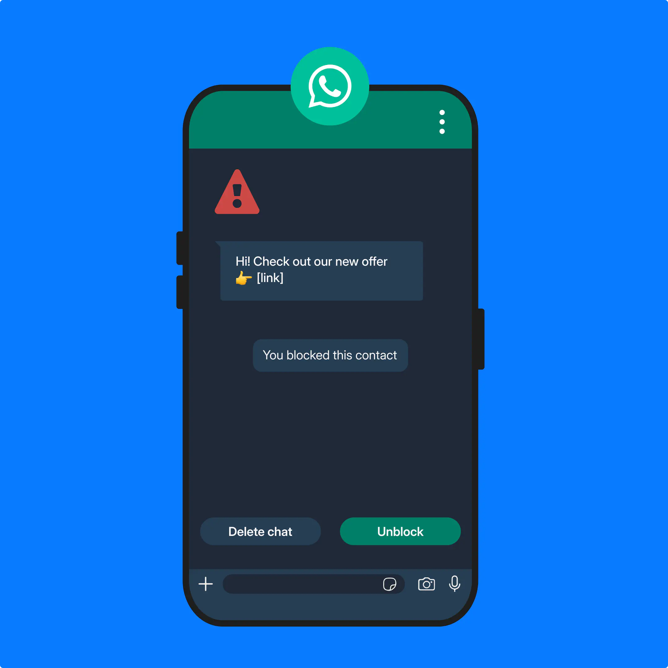 A WhatsApp chat showing an option to block an account.