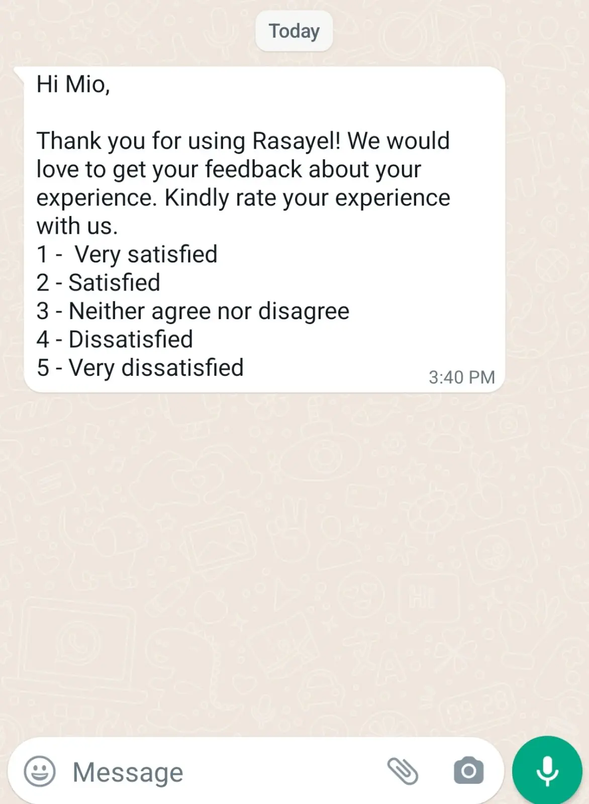 WhatsApp template for rating the experience.