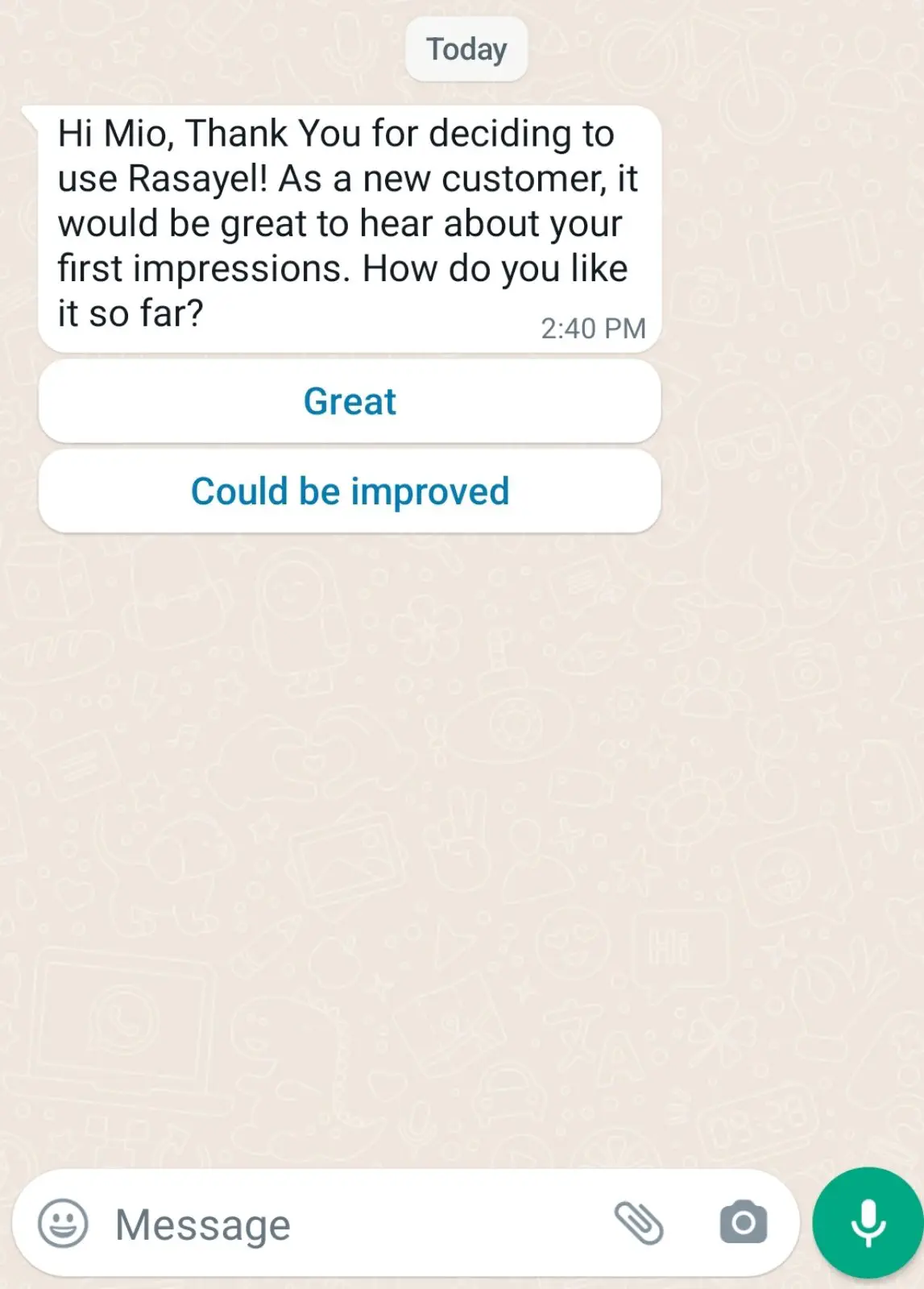 Interactive WhatsApp template for feedback.