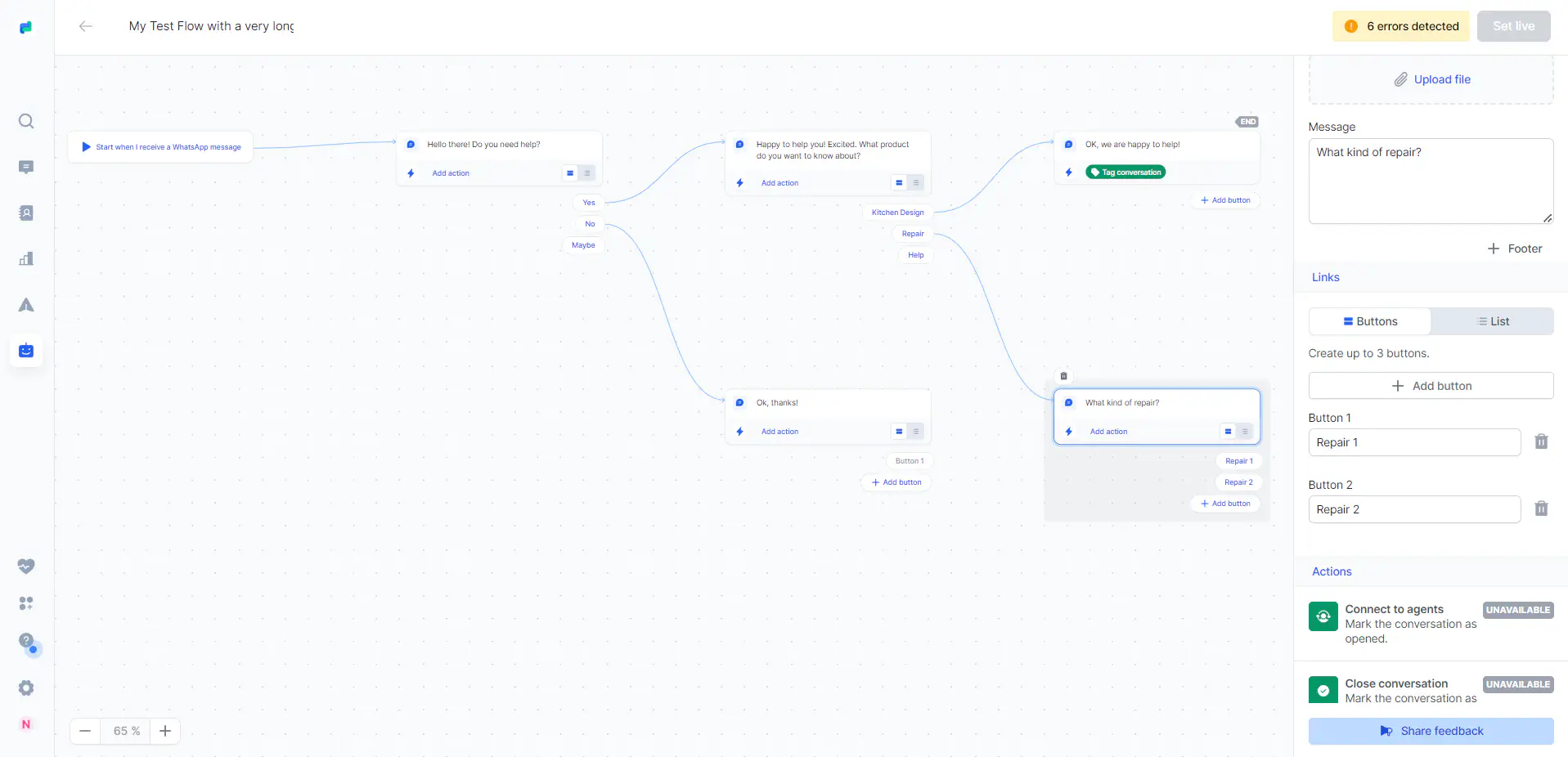 Chatbot flow created in Rasayel.