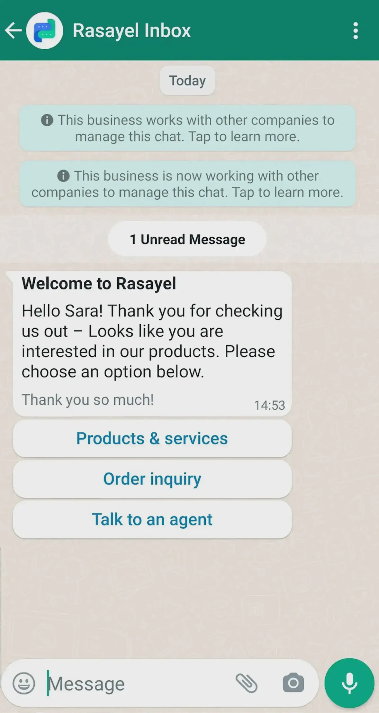 Interactive WhatsApp message used for following up with customers.