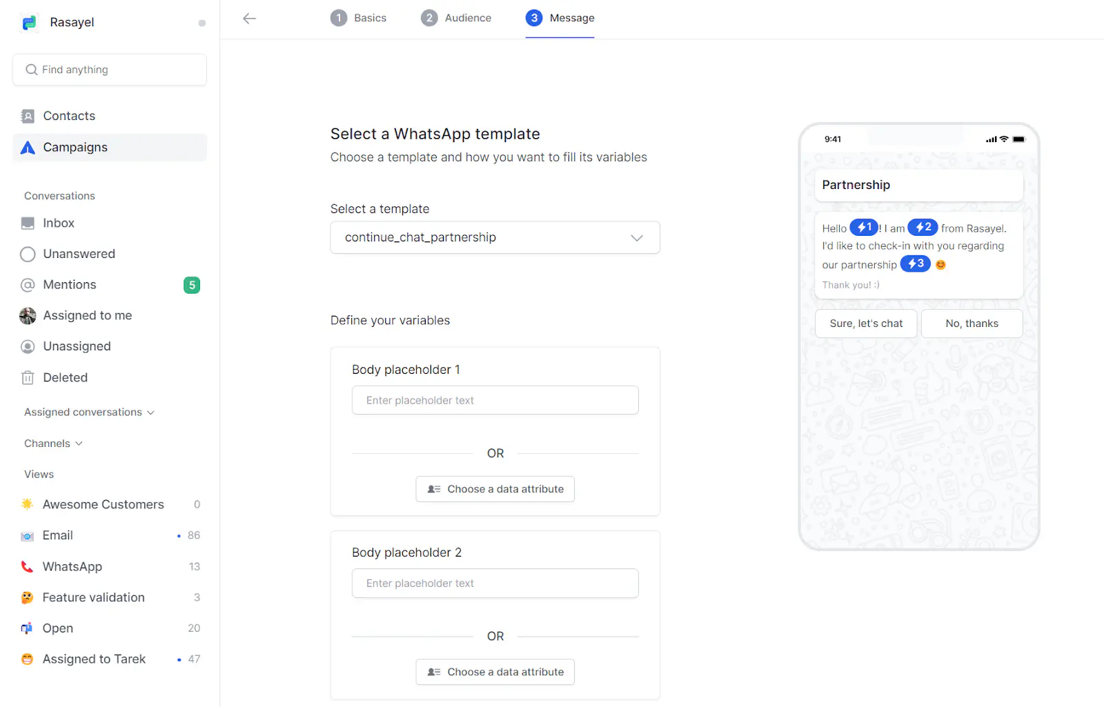 Selecting a WhatsApp template in Rasayel.