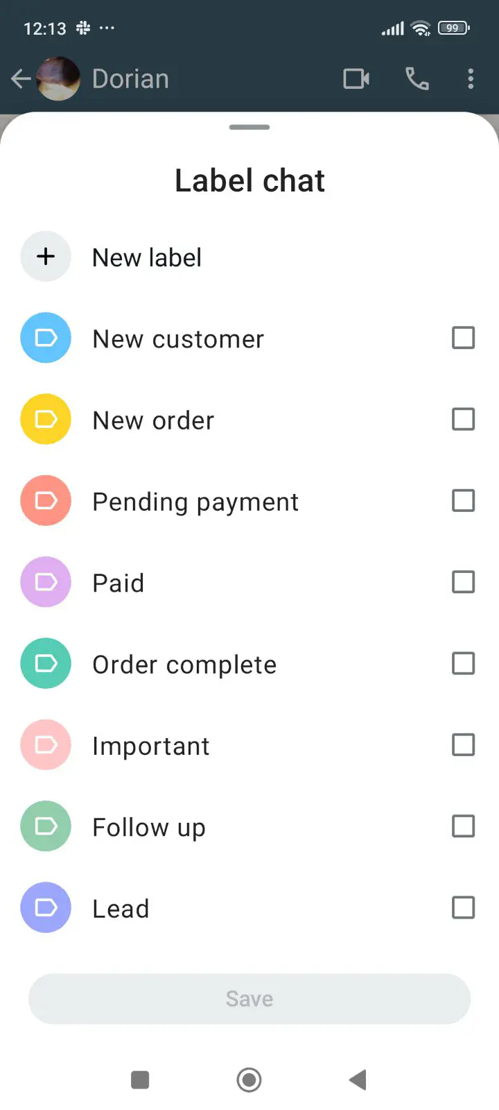 Selecting labels in the WhatsApp Business app.