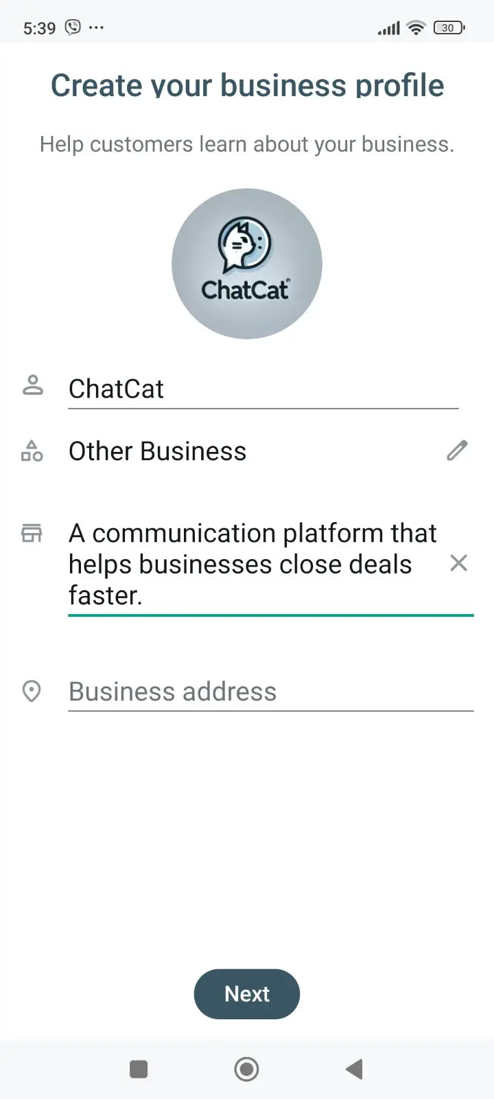 Creating a WhatsApp Business profile on the WhatsApp Business app.