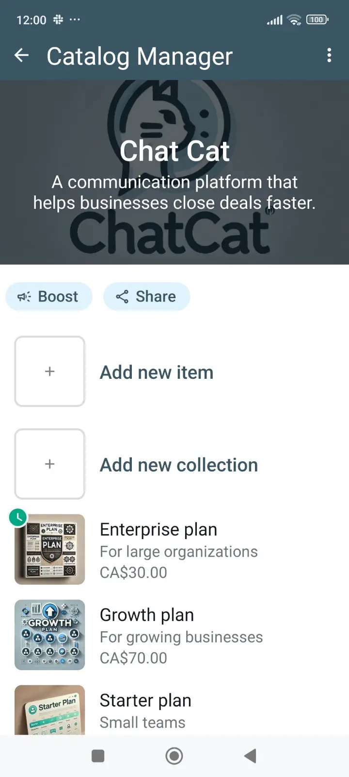 Product catalog manager in the WhatsApp Business app.