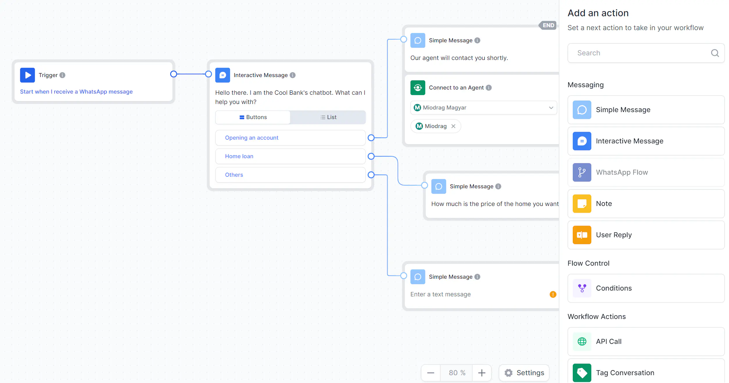 Chatbot flow built in Rasayel.