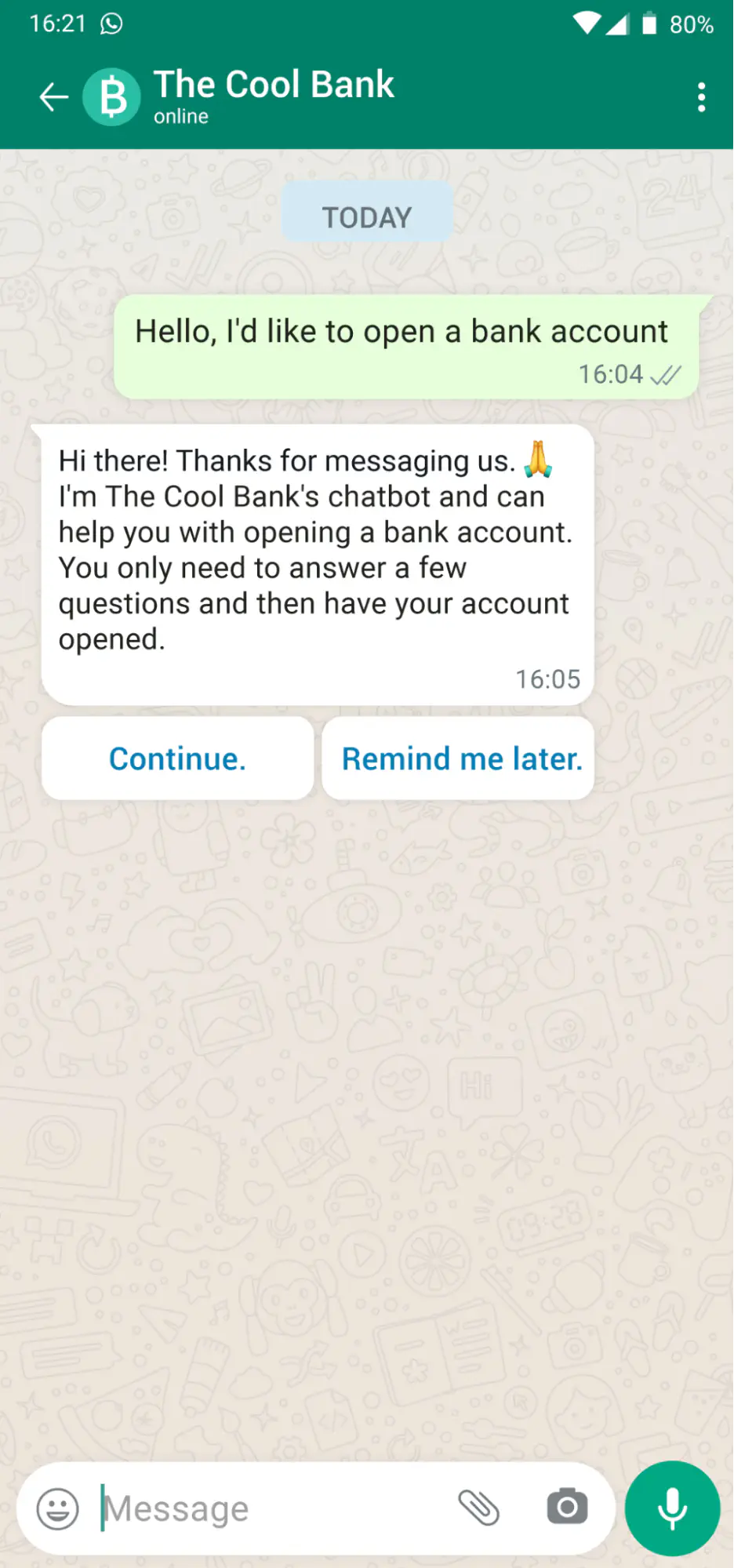 WhatsApp Conversation with a bank chatbot.