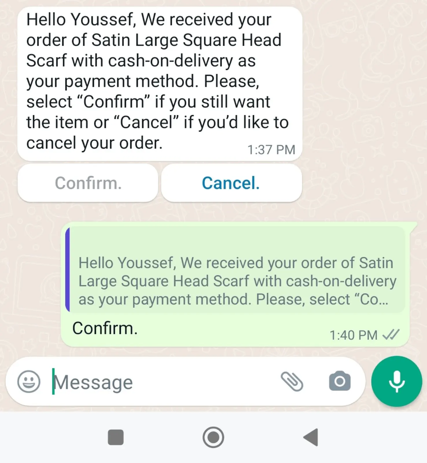 Order confirmation via WhatsApp.
