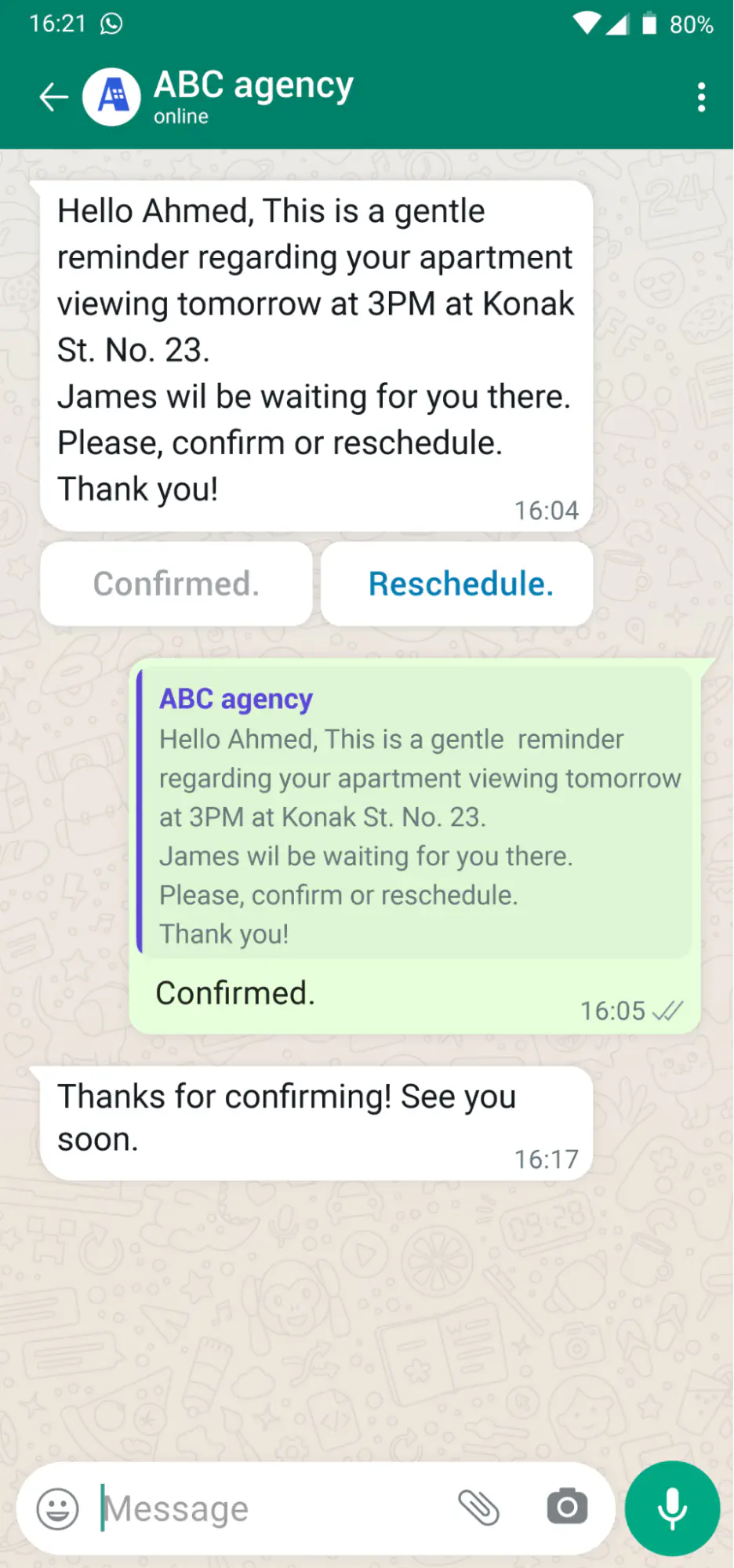 Reminder message sent by a WhatsApp chatbot.