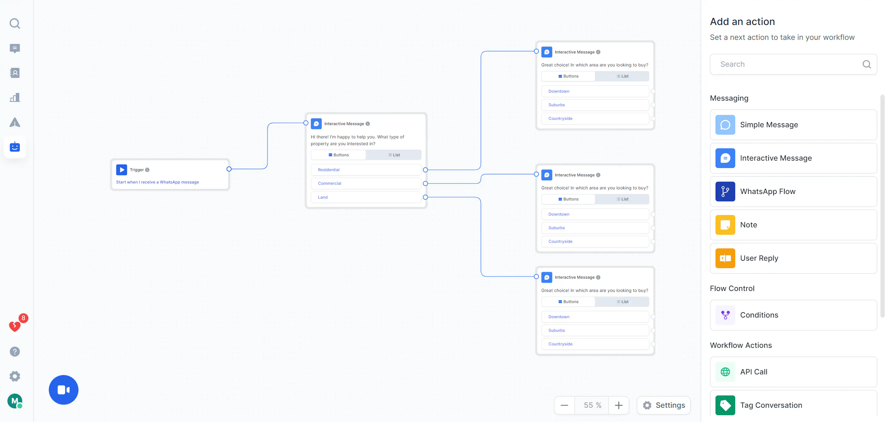 Chatbot flow in Rasayel designed for real estate use case.