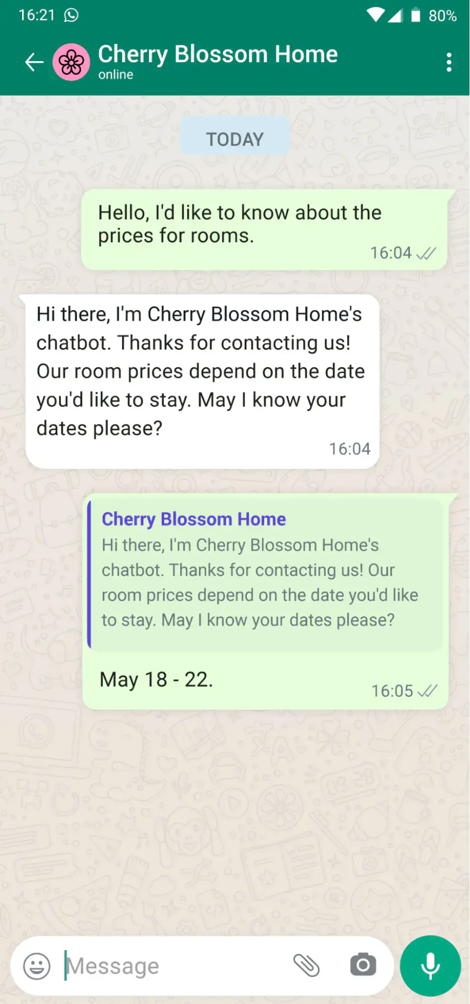 Customer response to a WhatsApp chatbot.