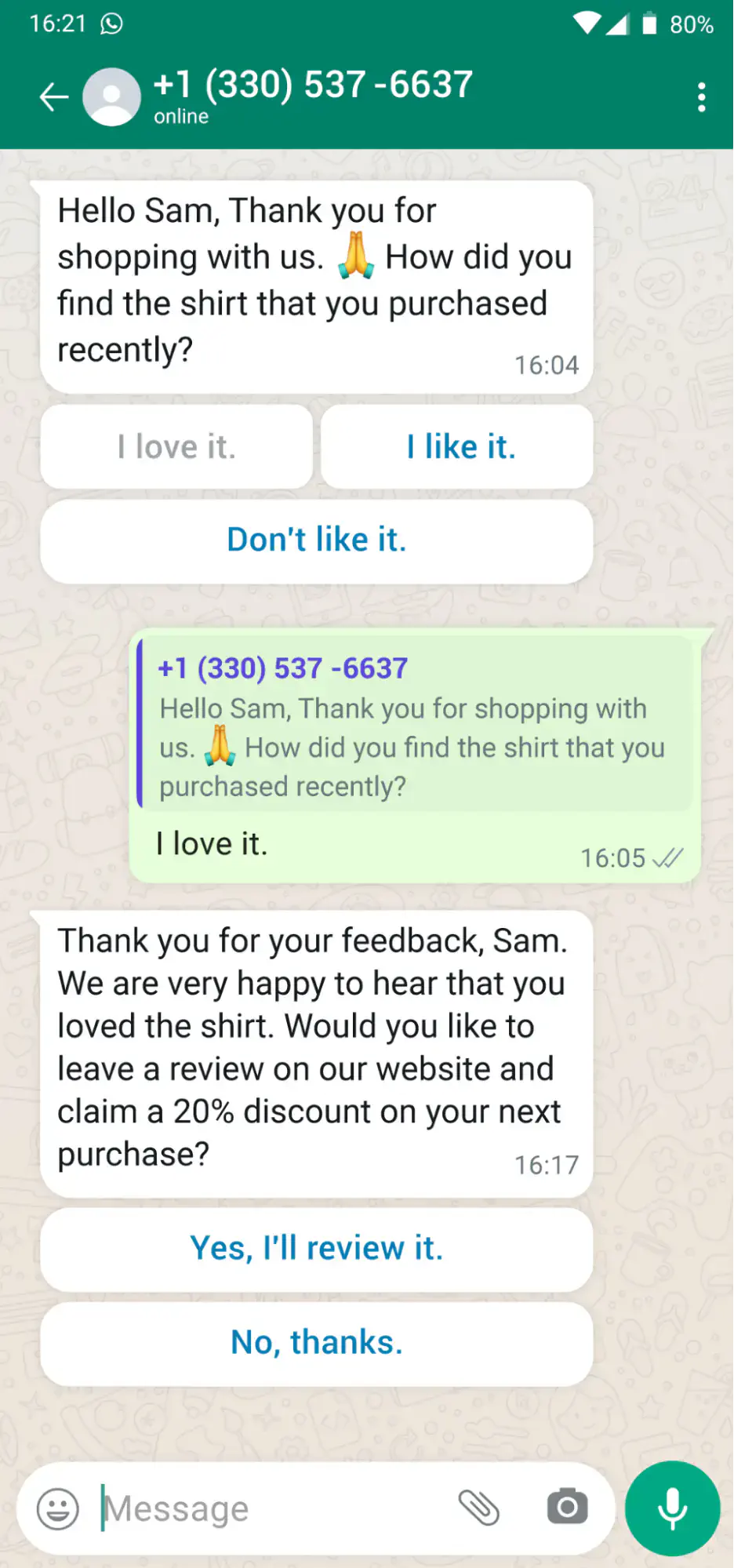 Interactive WhatsApp message used for collecting feedback and reviewes.