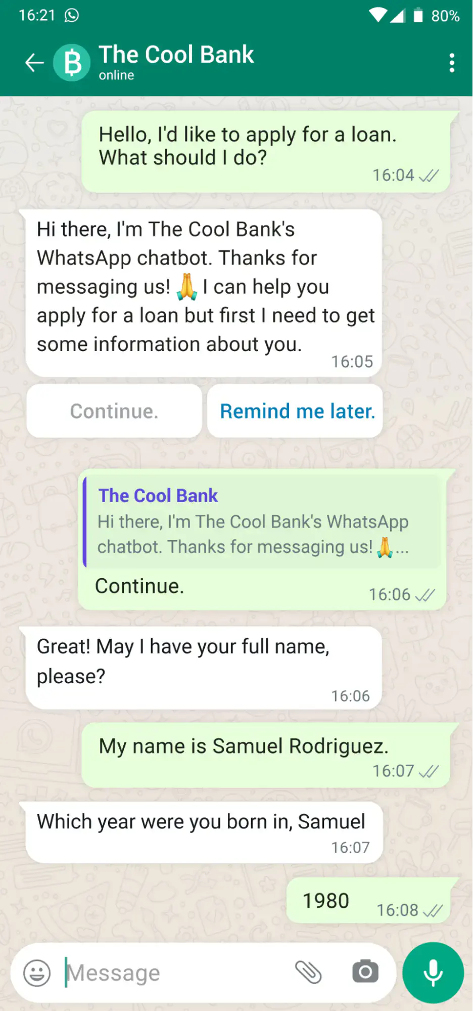 WhatsApp conversation with a chatobt used by a bank.