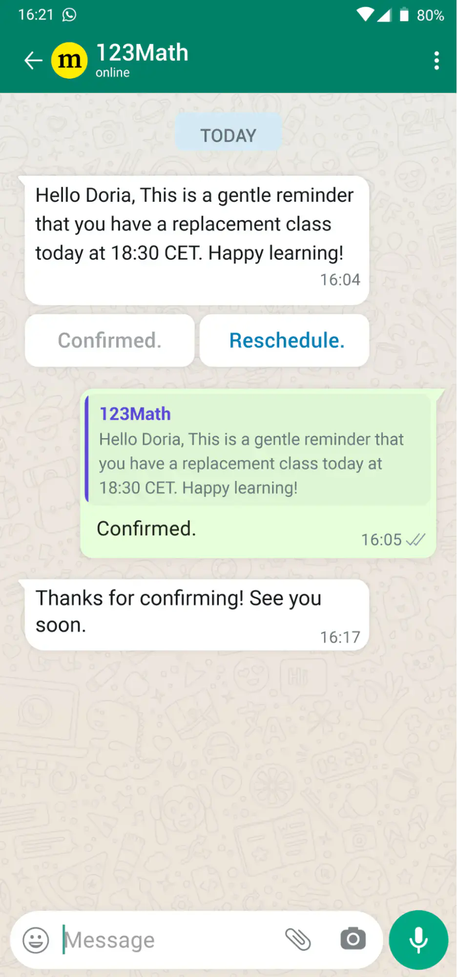 WhatsApp conversation with a chatbot used by an ed tech business.