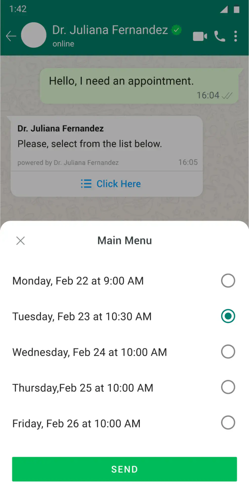 WhatsApp chatbot used by a healthcare business for booking appointments.