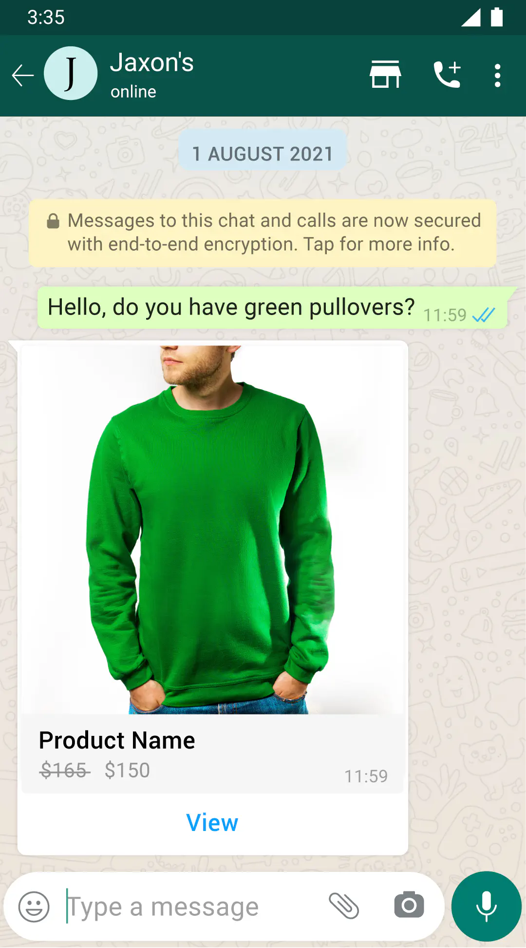 Chatbot sending a single product message on WhatsApp.