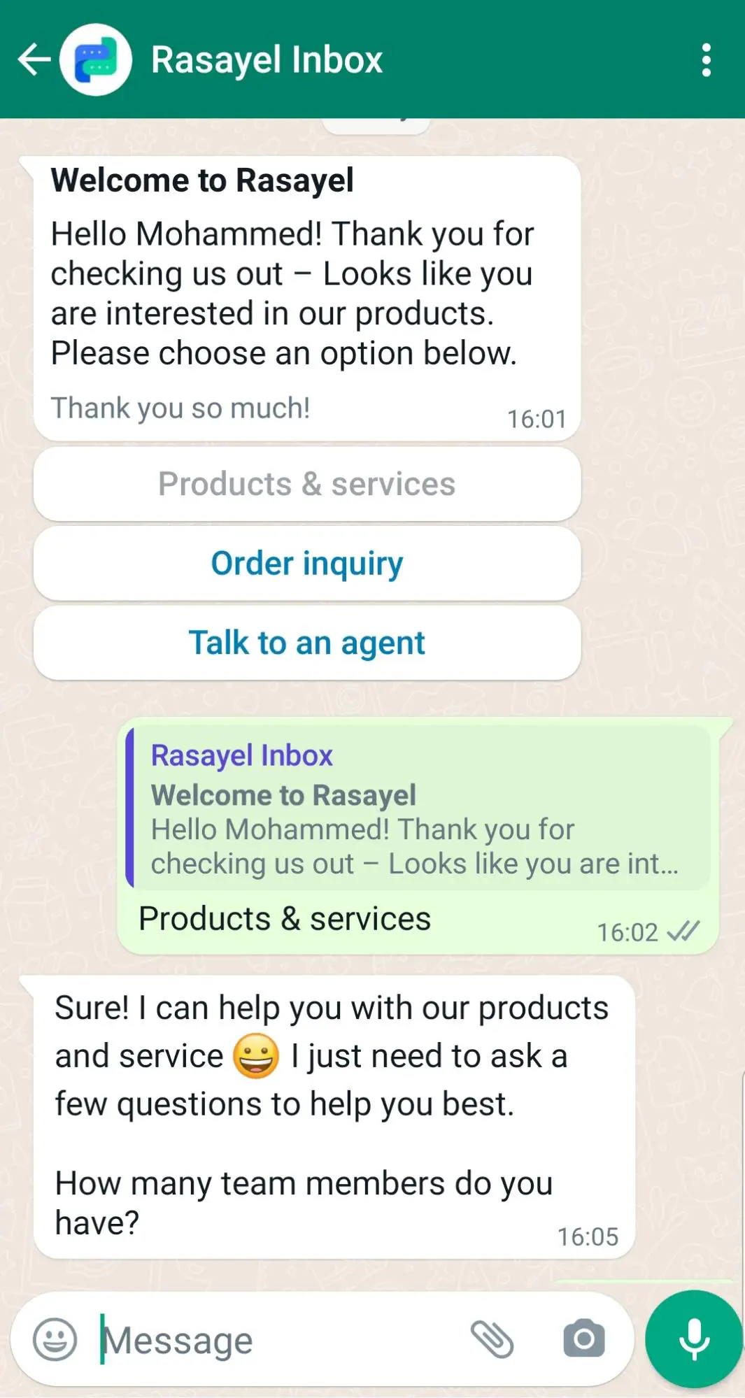 A WhatsApp chatbot conversing with a lead.