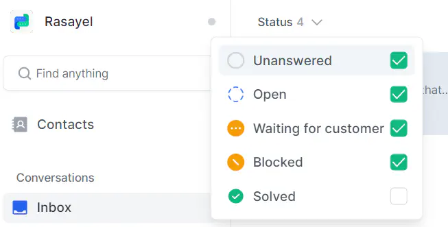 filter conversations in Rasayel based on their status