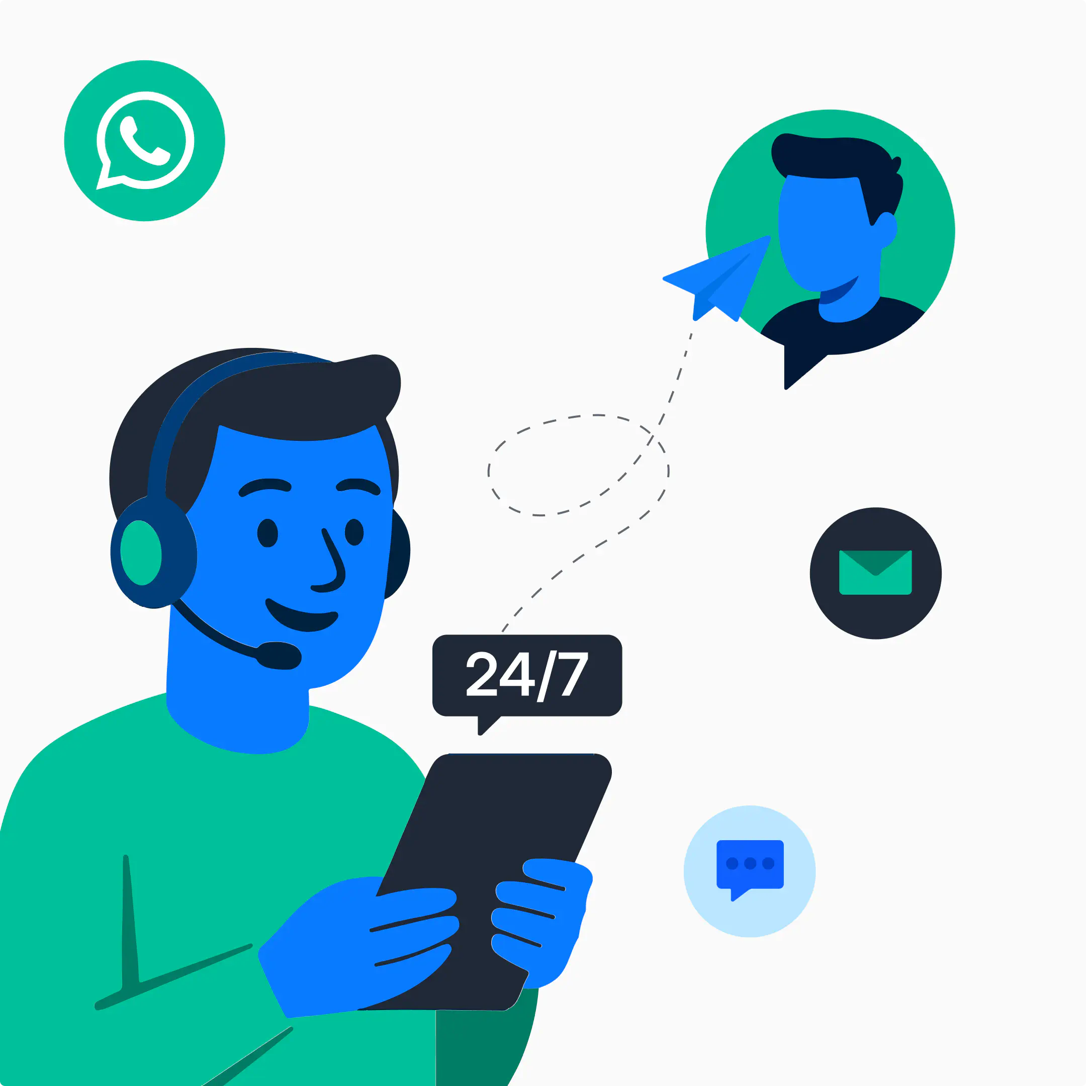 A customer support agent wearing a headset and delivering 24/7 support to customers on WhatsApp