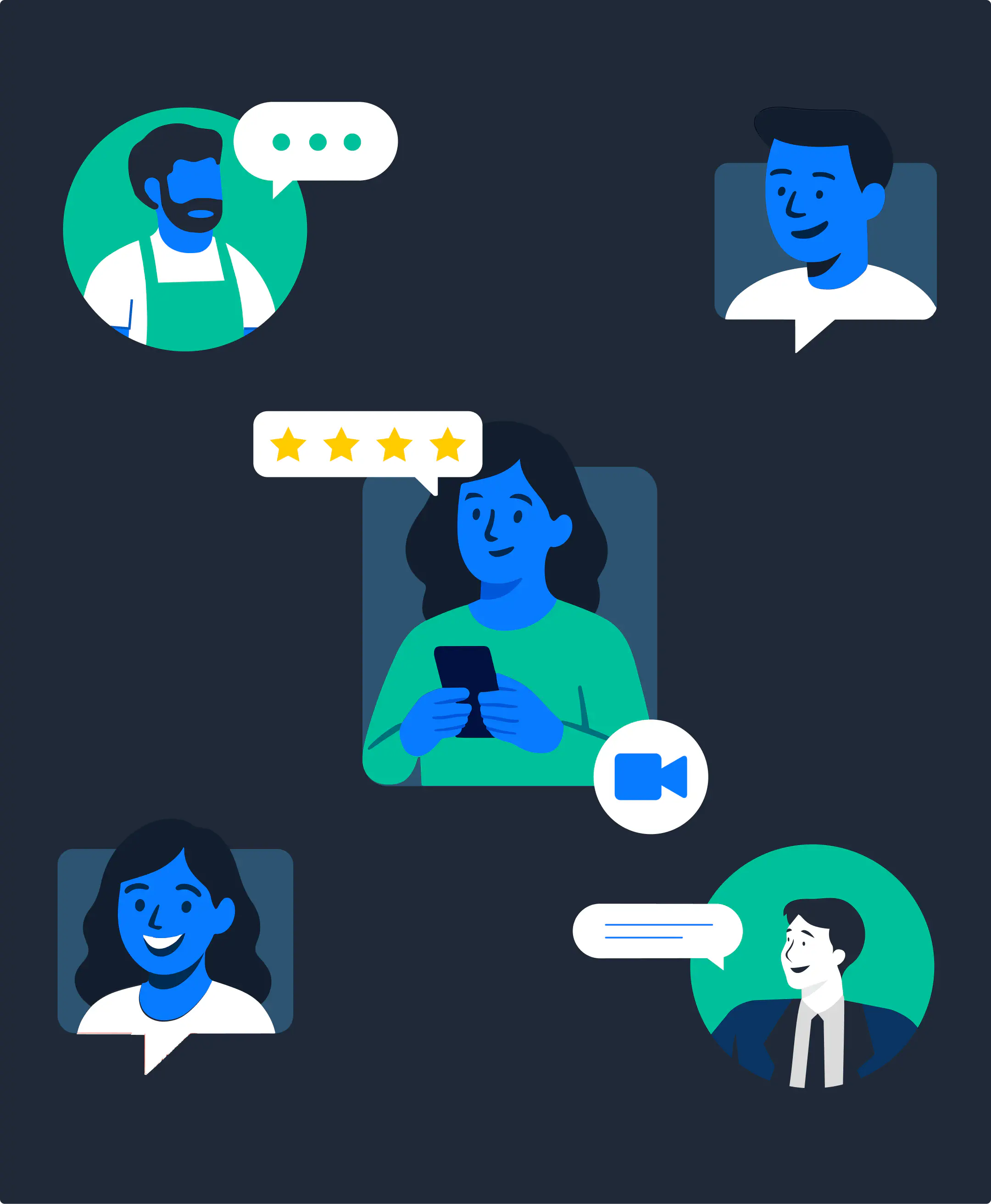 Illustrations of customers and chat bubbles/video symbols/ratings that indicate leaving reviews about a product.