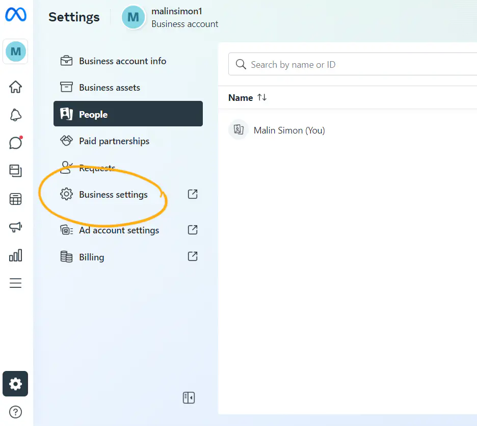 Business settings on Meta business manager.