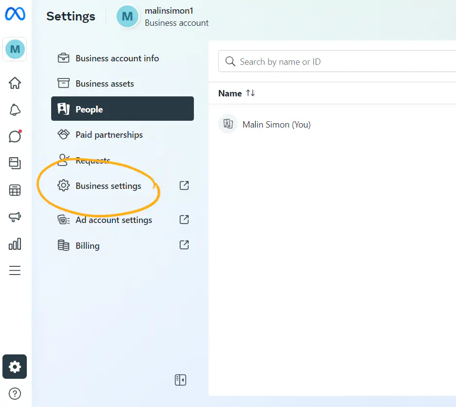 Accessing settings on Meta Business Suite dashboard