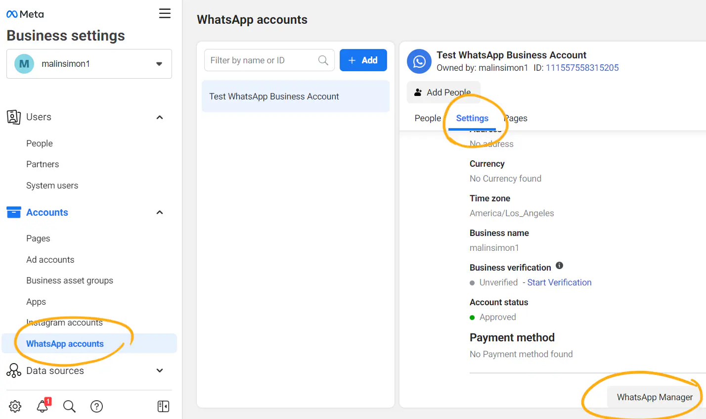 Accessing WhatsApp manager on Meta Business Suite dashboard