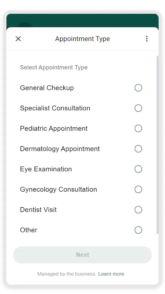 WhatsApp flow used for appointment booking.