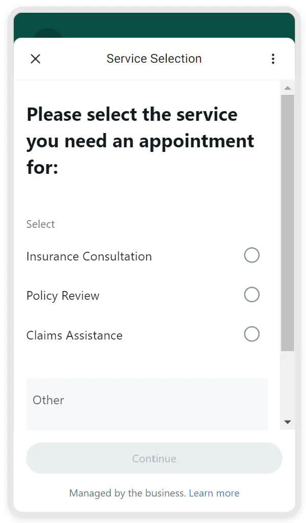 WhatsApp Flow used for appointment scheduling for insurance consultations.