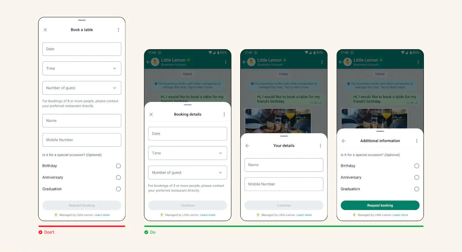 Examples of a good and bad design of a WhatsApp Flow.