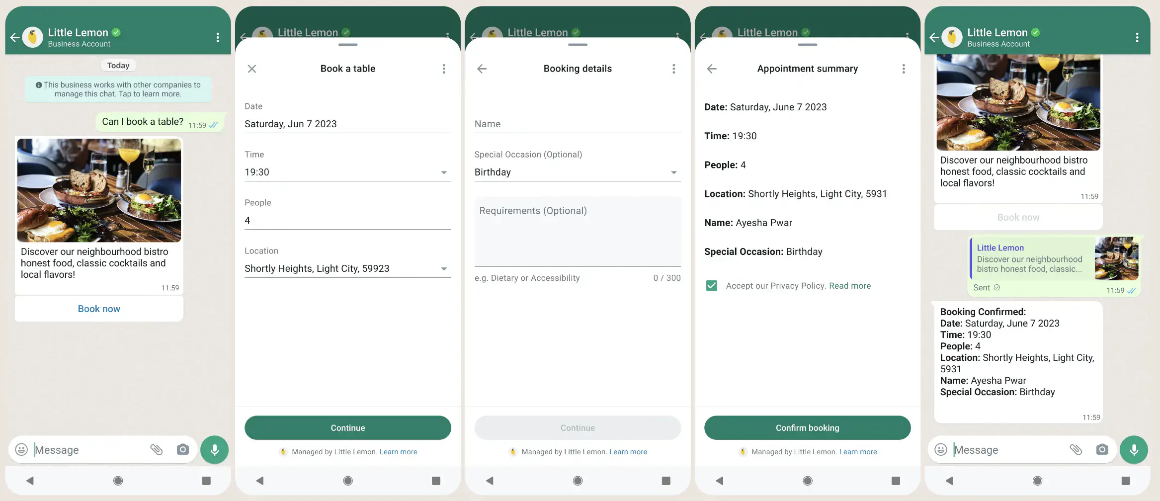 Visualisation of WhatsApp flows used for table booking in a restaurant