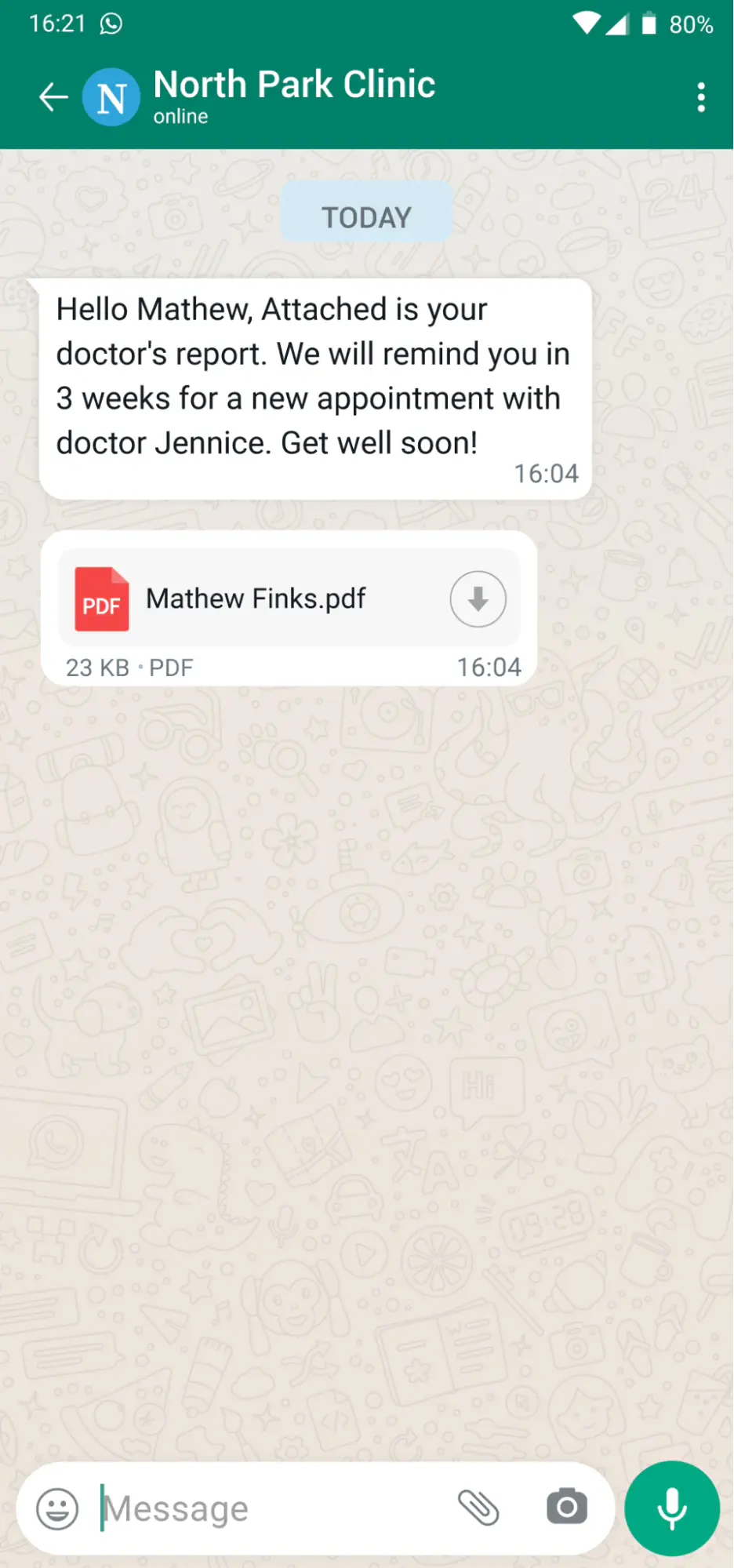 Doctor’s report sent to a patient via WhatsApp.