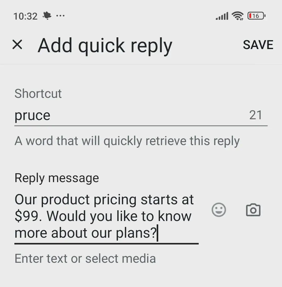 Quick reply page on WhatsApp Business app