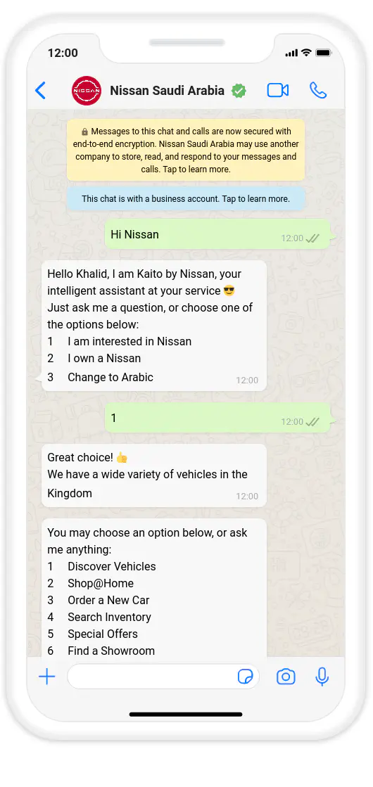 WhatsApp conversation with a chatbot used by Nissan Saudi Arabia.