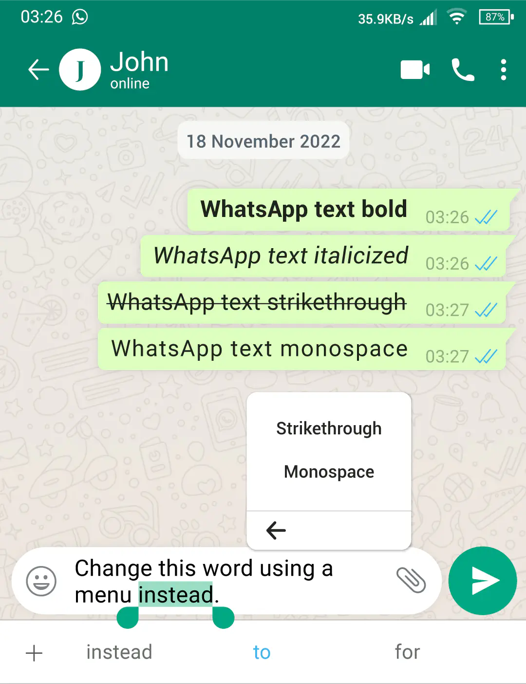 Guide on using Strikethrough in a WhatsApp message on an Android phone, second step.