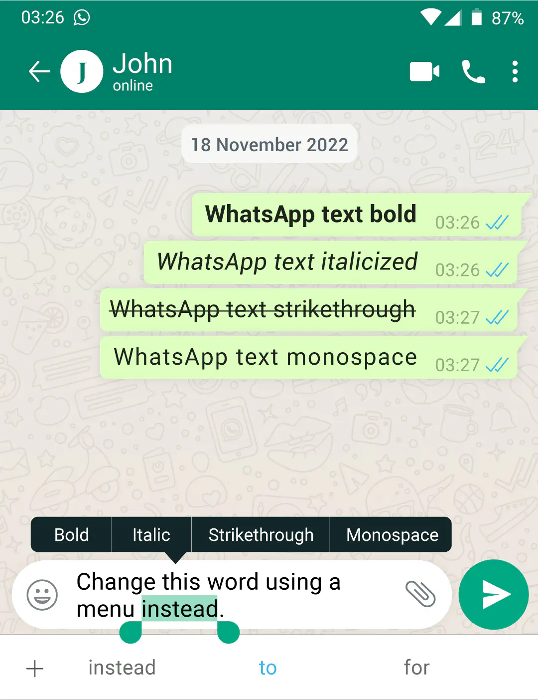 Guide on using Strikethrough in a WhatsApp message on an iPhone, second step.